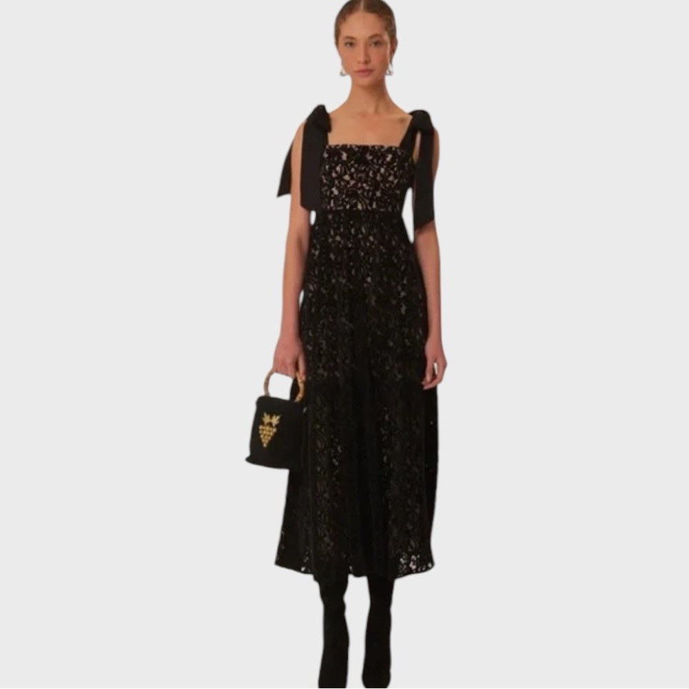 Sz XXS Farm Rio Satin-trimmed velvet guipure lace maxi dress NWOT $330 MSRP